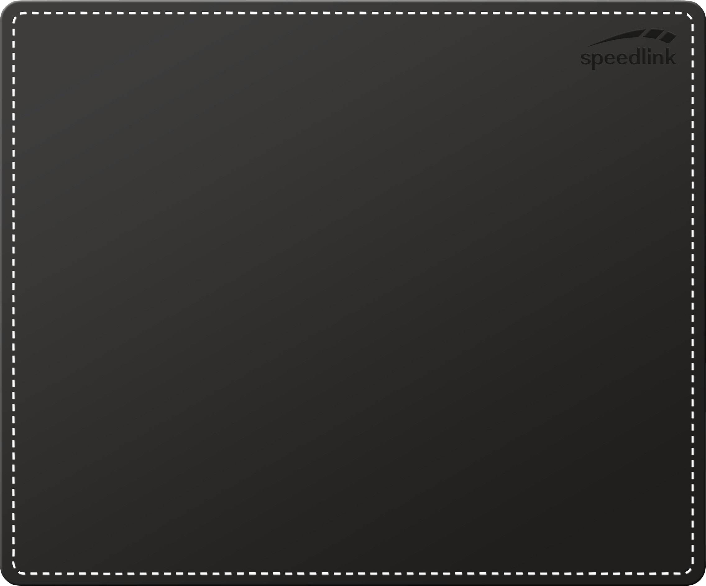 Tapis de souris noir avec couture bordée gris clair et le logo 'speedlink' dans le coin supérieur droit.