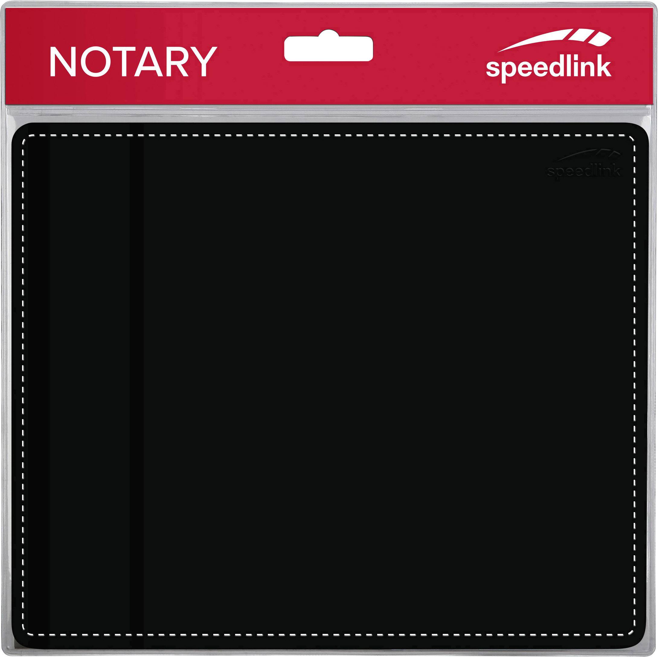 Emballage d'un carnet de notes de la marque 'Speedlink Notary', fond rouge avec logo visible en haut à droite, carnet noir à l'intérieur.