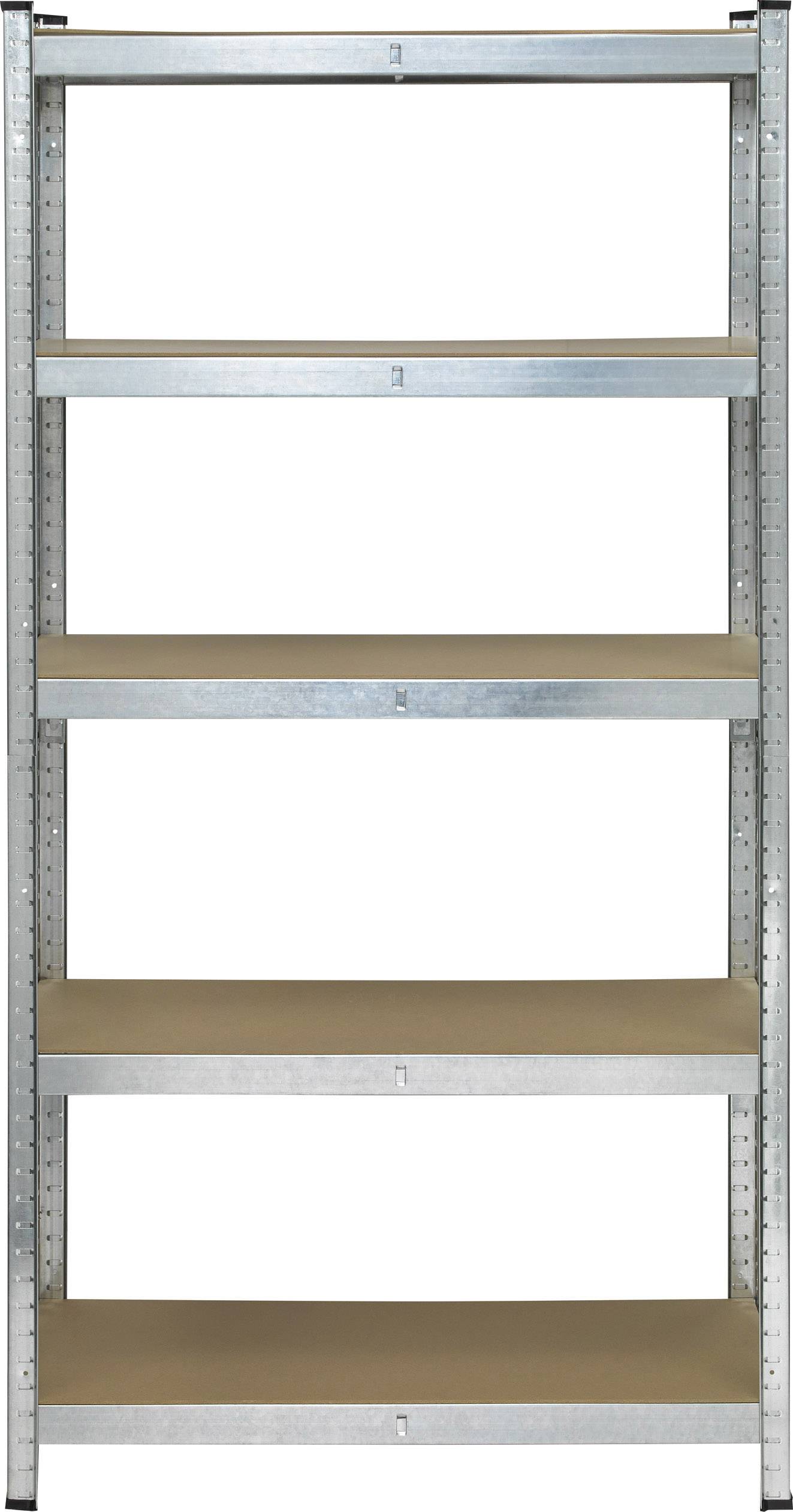 Étagère métallique avec cinq tablettes marron, adaptée au rangement d'objets dans les garages, ateliers ou espaces de stockage.
