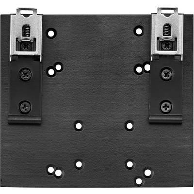 Plaque métallique noire rectangulaire avec plusieurs trous et deux clips fixés. Utilisée pour la fixation ou l'installation sur une surface.