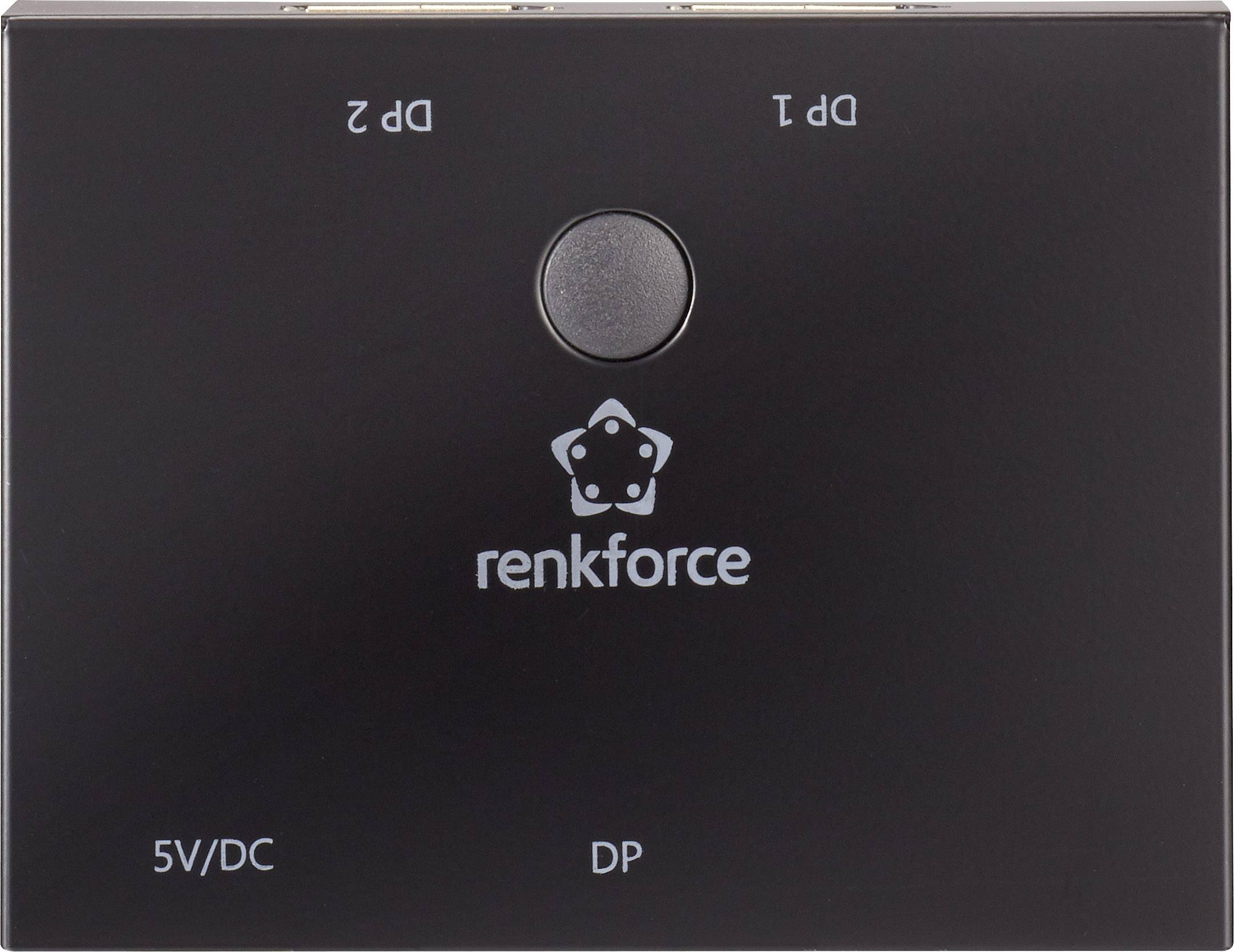 Appareil noir portant l'inscription 'renkforce', doté d'un bouton central et portant les mentions 'DP 1', 'DP 2' et '5V/DC'.