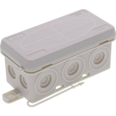 Une boîte en plastique beige portant l'inscription 'Wiska'. Elle présente des découpes circulaires sur les côtés et un couvercle amovible, classée IP55.