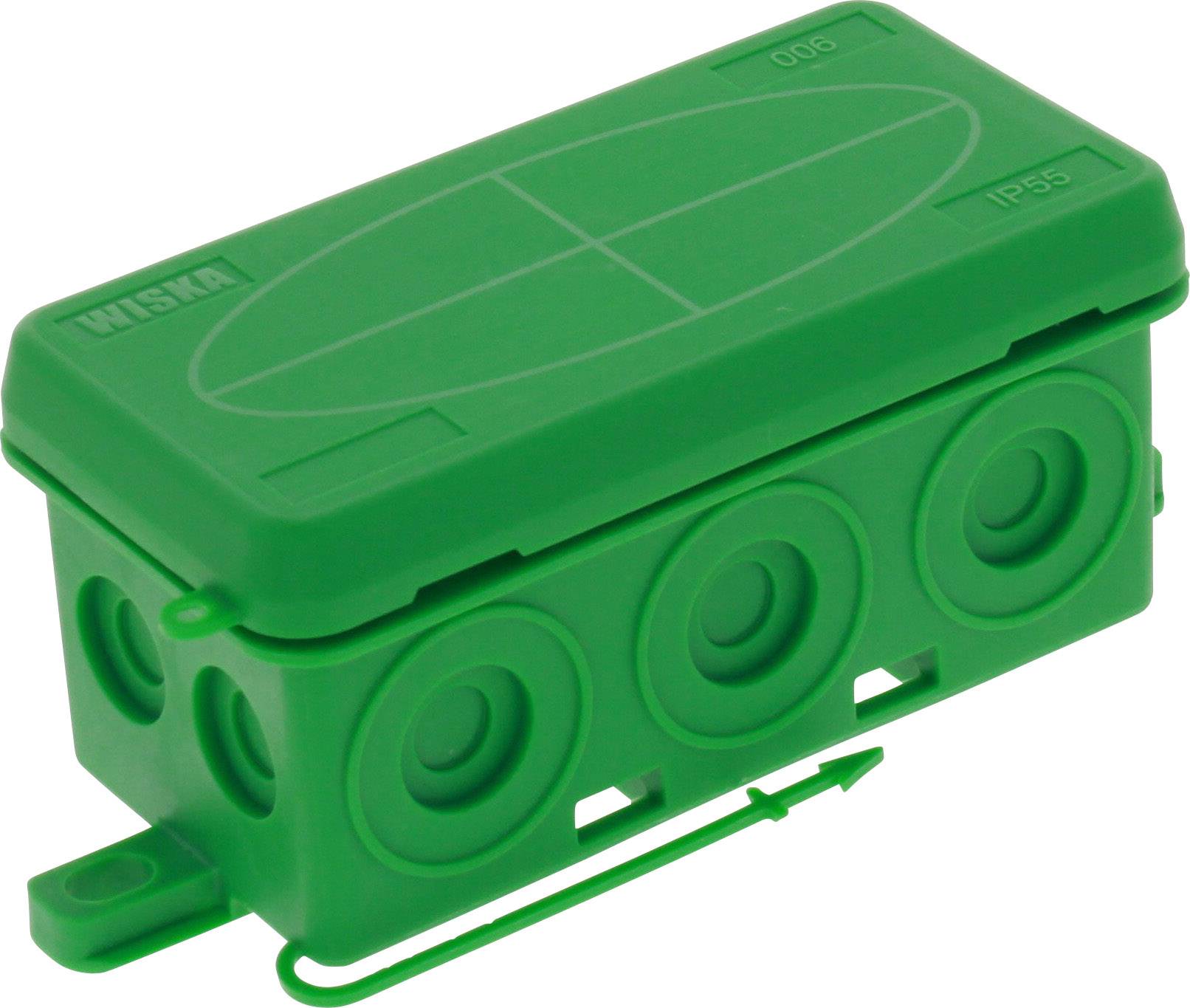 Boîte en plastique vert avec différentes ouvertures rondes sur les côtés. Produit destiné à protéger les connexions électriques, classé IP55.