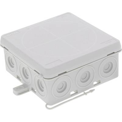 Boîte de connexion électrique blanche à plusieurs passages de câbles et couvercle amovible, adaptée aux installations intérieures.