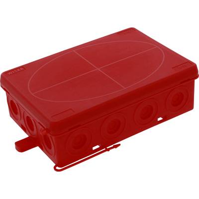 Boîte en plastique rouge aux coins arrondis avec plusieurs passages de câbles sur les côtés.