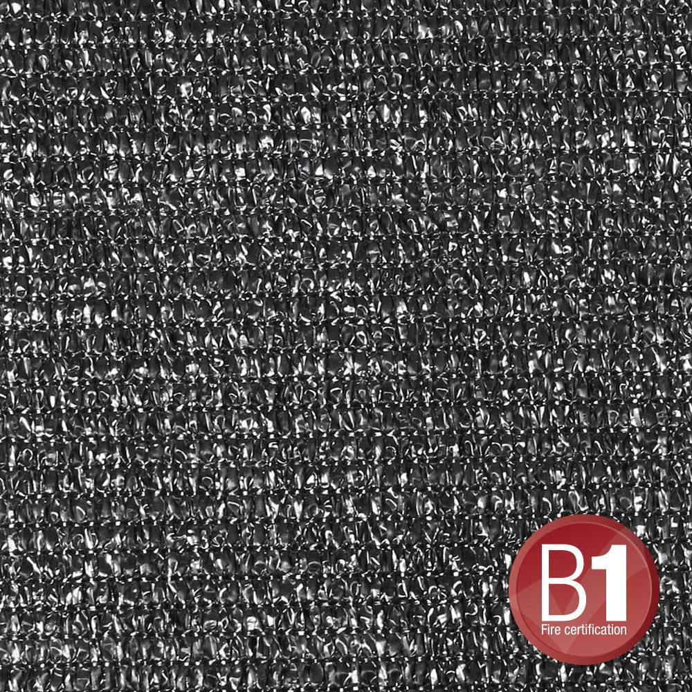 Tissu textile noir à surface brillante, avec un sceau rouge en bas à droite portant l'inscription « Certification B1 Feu ».