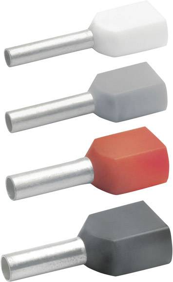 Quatre embouts de câble de différentes couleurs : blanc, gris, rouge et gris foncé, alignés du haut vers le bas.