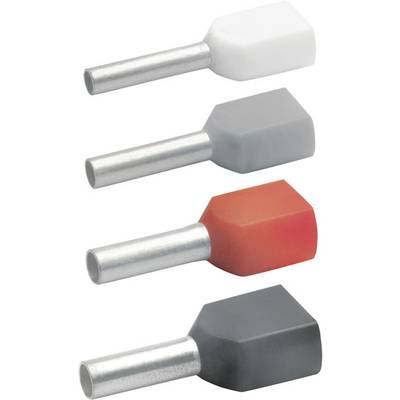 Quatre embouts de câble de différentes couleurs : blanc, gris, rouge et gris foncé, alignés du haut vers le bas.