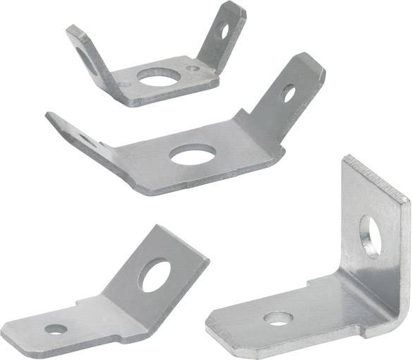 Quatre équerres métalliques galvanisées avec des trous pour la connexion de composants.