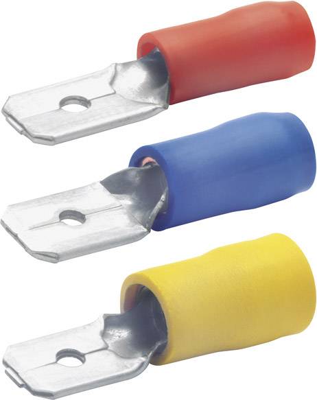 Trois embouts isolés de différentes couleurs : rouge en haut, bleu au milieu, jaune en bas. Ils servent à établir des connexions électriques aux extrémités de câbles.