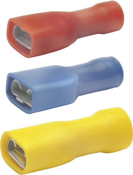 Trois cosses de câble isolées en rouge, bleu et jaune, utilisées pour des connexions électriques.