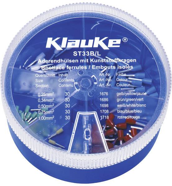 Boîte Klauke ST33B/L avec embouts de câble de couleur : 0,25mm² à 1mm², 30 pièces par taille, en bleu, jaune, rouge, vert et noir.