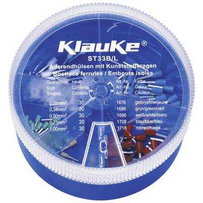 Boîte Klauke ST33B/L avec embouts de câble de couleur : 0,25mm² à 1mm², 30 pièces par taille, en bleu, jaune, rouge, vert et noir.
