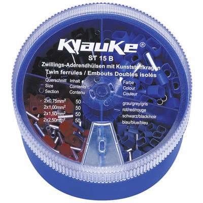 Le 'Klauke ST 15 B' contient des embouts de câble isolés doubles, codés par couleur. Tailles : 2x0,75mm² (gris), 2x1,00mm² (rouge), 2x1,50mm² (noir), 2x2,50mm² (bleu).