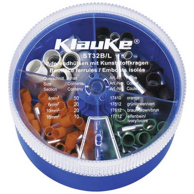 Boîte ronde avec manchons de serrage en différentes couleurs et tailles. Inscription : 'Klauke', modèle 'ST32B/L', détails sur les tailles et les couleurs.