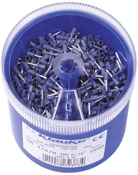 Boîte en plastique bleu remplie de cosses de câble isolées. L'étiquette indique les spécifications : diamètre 0,75 mm, longueur 8 mm, 1000 pièces.
