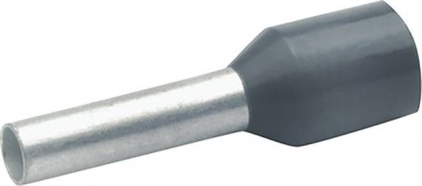 Un embout de câble isolé, doté d'une gaine isolante en plastique grise et d'un tube métallique argenté, utilisé pour connecter des câbles.