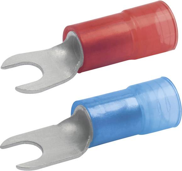 Deux cosses à fourche en rouge et bleu. Elles sont utilisées pour les connexions électriques dans les câblages.