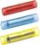 Trois connecteurs thermorétractables colorés : rouge en haut, bleu au milieu, jaune en bas. Ils servent à connecter et isoler électriquement des câbles.