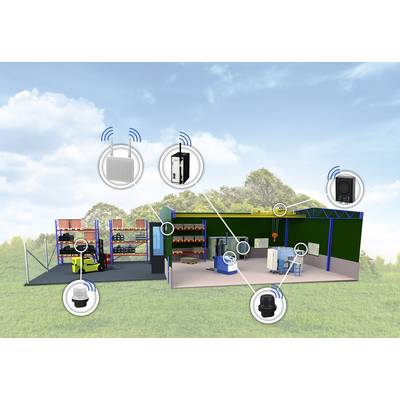 Représentation d'un entrepôt avec des étagères et des équipements, reliés par des symboles de communication sans fil, sur un pré vert sous un ciel bleu.