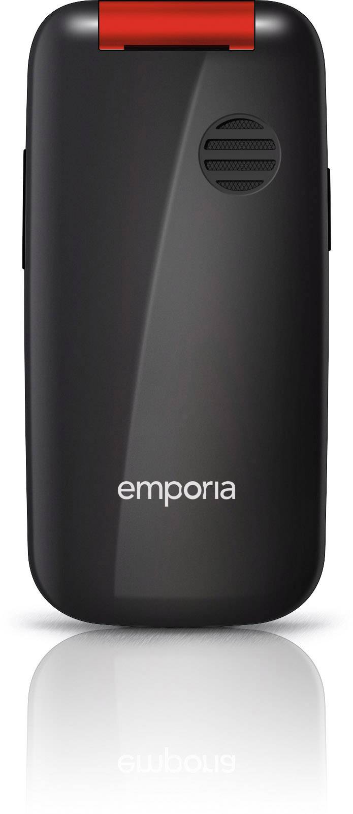 Téléphone portable à clapet noir et rouge, marque 'emporia', fermé. Ouvertures de ventilation et design moderne discret, sur fond blanc.