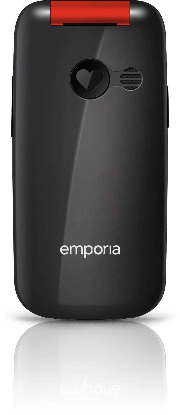 Un téléphone portable à clapet noir de la marque Emporia, avec un accent rouge et un symbole de cœur au dos.
