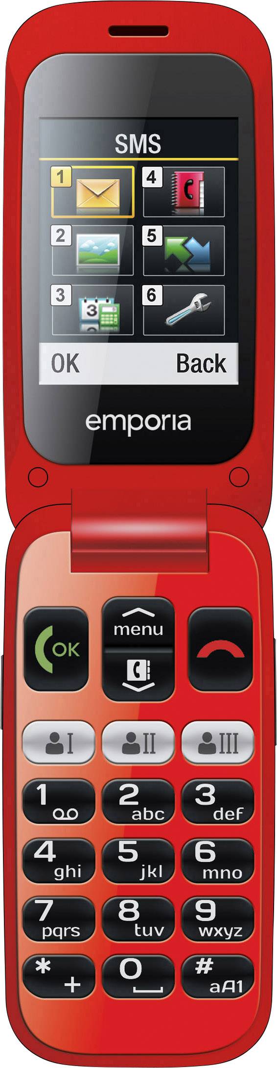 Téléphone portable à clapet rouge avec un écran affichant des options de SMS. Touches larges pour une utilisation facile, adapté aux seniors.
