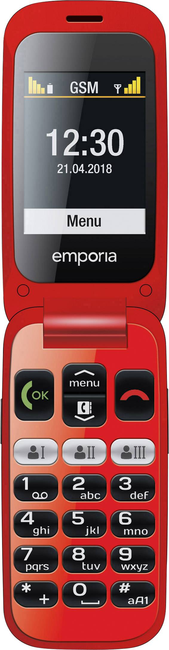 Un téléphone portable pliant rouge avec un grand écran affiche l'heure et la date. En dessous se trouvent de grandes touches avec des chiffres et des symboles bien visibles.