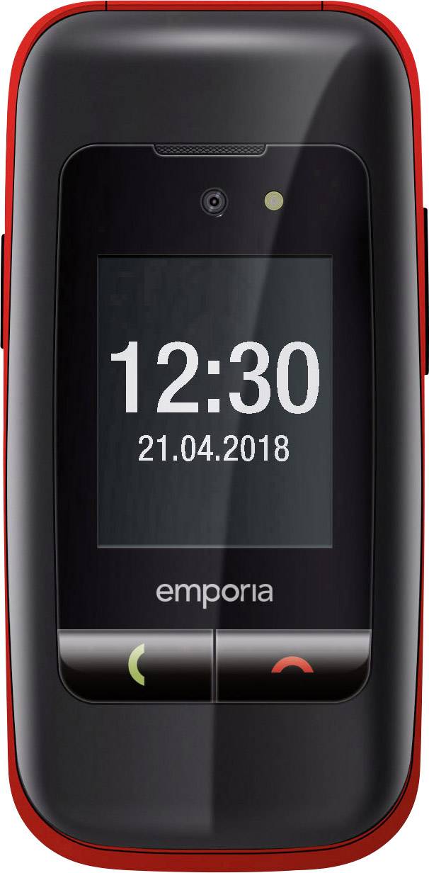 Un téléphone portable à clapet avec affichage numérique de l'heure indique '12:30, 21.04.2018'. Inscription de la marque en bas, touches vertes/rouges pour la réception et la fin d'appel.