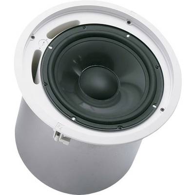 Haut-parleur de plafond rond avec cadre blanc et membrane noire. Adapté pour des installations discrètes dans les espaces intérieurs.