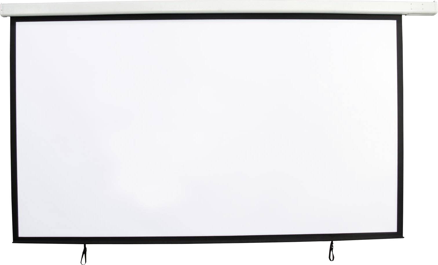Écran de projection rectangulaire, blanc avec un bord noir, fixé sur un support blanc. Idéal pour les présentations ou les films.
