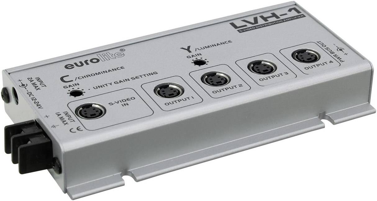 Répartiteur vidéo argenté à quatre sorties pour signaux Chroma/Luminance. Marqué 'eurolite LVH-1'.