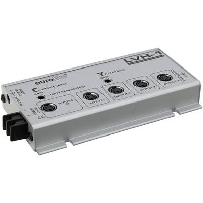 Répartiteur vidéo argenté à quatre sorties pour signaux Chroma/Luminance. Marqué 'eurolite LVH-1'.