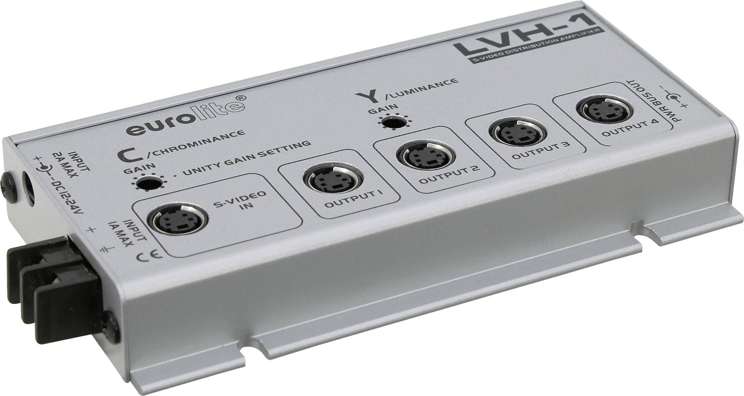 Convertisseur vidéo 'Eurolite LVH-1' avec entrée S-Vidéo, réglages de gain de luminance et de chrominance, quatre sorties. Boîtier argenté.