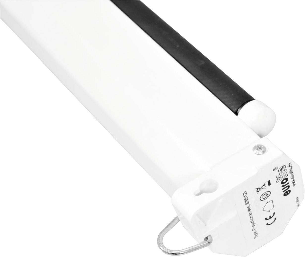 Un store électrique blanc avec un détail noir et marquage CE.