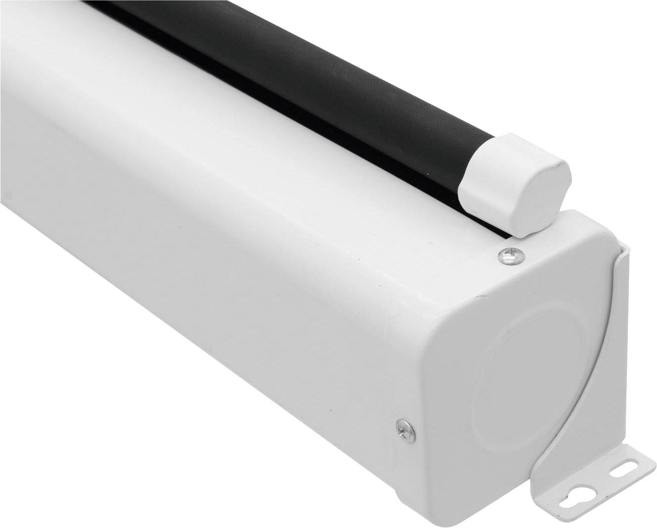 Un support blanc et rectangulaire pour un store enroulable noir. Le boîtier est équipé de vis pour la fixation au mur.