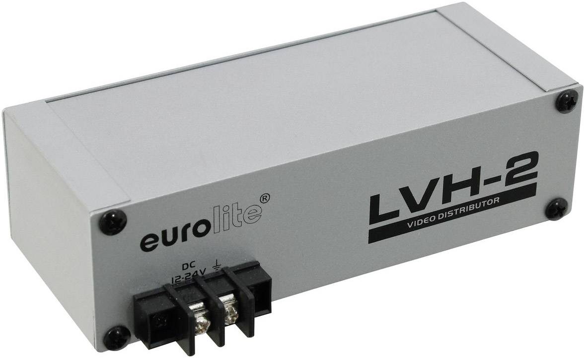 Un répartiteur vidéo Eurolite LVH-2 rectangulaire avec des connexions d'entrée et de sortie. L'appareil est adapté pour une tension continue de 12 à 24 V.