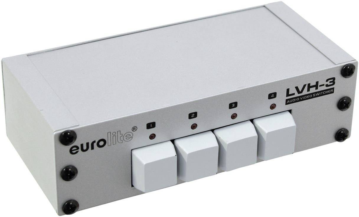 Un commutateur audio-vidéo argenté avec quatre touches carrées, marqué 'eurolite' et 'LVH-3'.
