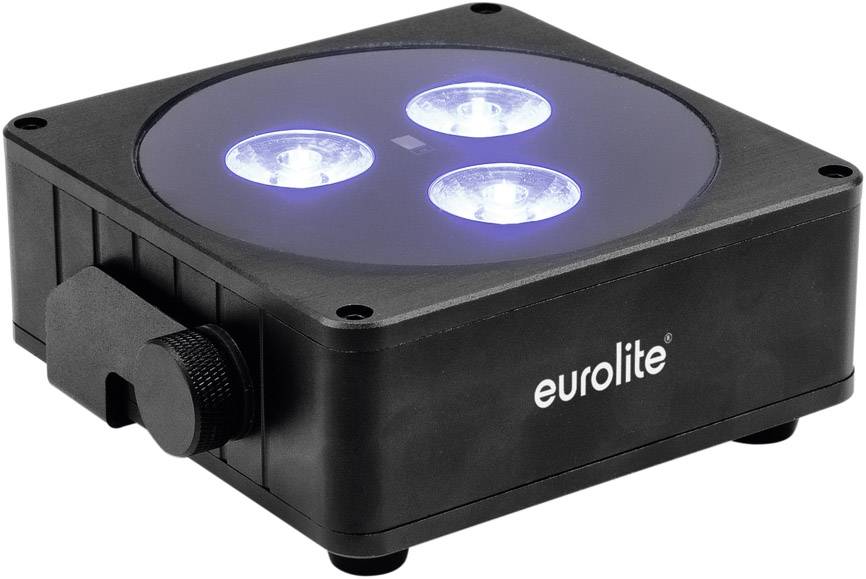 Un appareil d'éclairage LED noir et carré avec trois LED bleues lumineuses ; la marque 'Eurolite' est visible sur le côté.