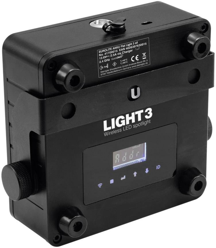 Projecteur LED sans fil avec affichage numérique pour le contrôle, boîtier noir et plusieurs connexions pour installations lumineuses.