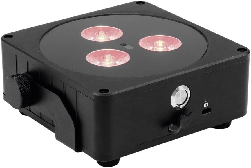Boîtier d'éclairage LED noir avec trois lentilles LED émettant une lumière rouge et un interrupteur de commande sur le côté.