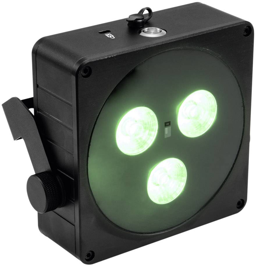 Un projecteur LED carré noir avec trois lumières vertes, adapté pour l'éclairage de scène ou les événements.