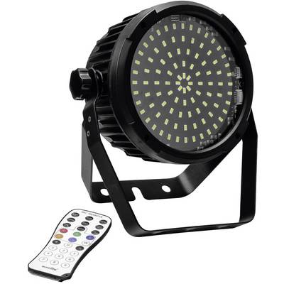 Projecteur à LED nombreuses disposées en motif circulaire, monté sur un support réglable ; à côté, une télécommande aux touches colorées.