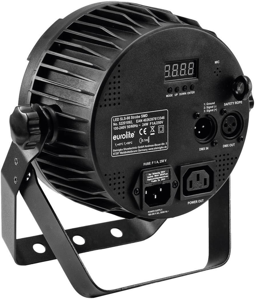 Vue arrière d'un stroboscope LED avec panneau de commande, microphone, entrées de tension et support. Appareil prêt pour une utilisation scénique.