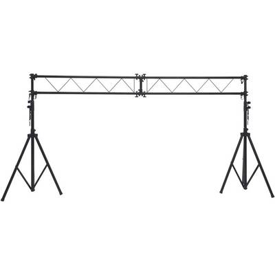 Un système de poutre noir sur deux supports, souvent utilisé pour l'éclairage ou les enceintes lors d'événements.
