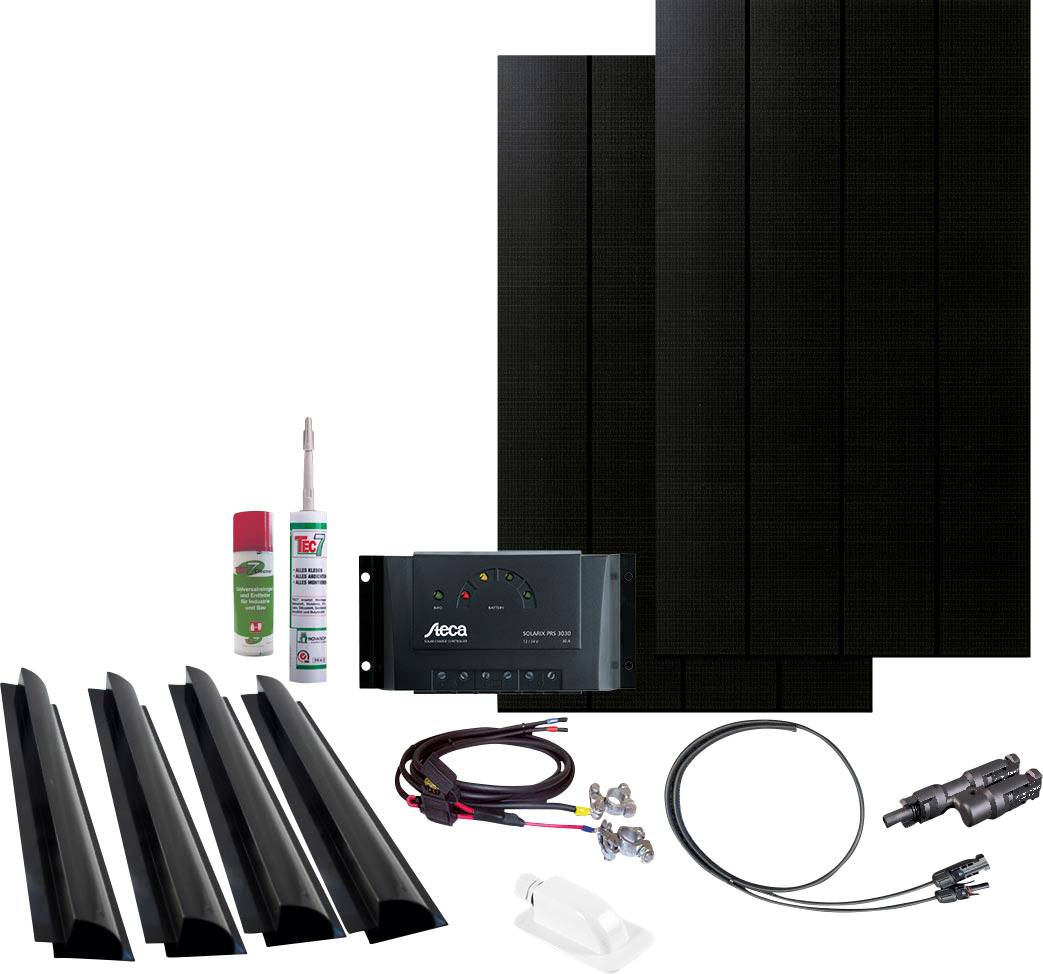Ensemble de système solaire comprenant trois panneaux solaires, un régulateur de charge et les accessoires de connexion. À installer sur les toits pour exploiter l'énergie solaire.