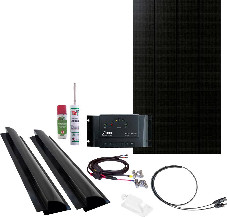 Ensemble d'installation de panneau solaire avec accessoires : deux rails noirs, câbles de montage, régulateur de charge, mastic d'étanchéité et pinces de fixation.