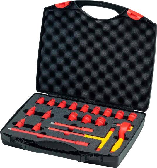 Ensemble de tournevis et clés à douille 18 pièces dans un coffret en plastique, isolés, rouge-jaune. Conçu pour les travaux électriques.