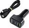 Chargeur de voiture brillant noir avec deux ports (USB-C, USB-A) et un câble USB-C à côté, conçu pour charger des appareils mobiles.