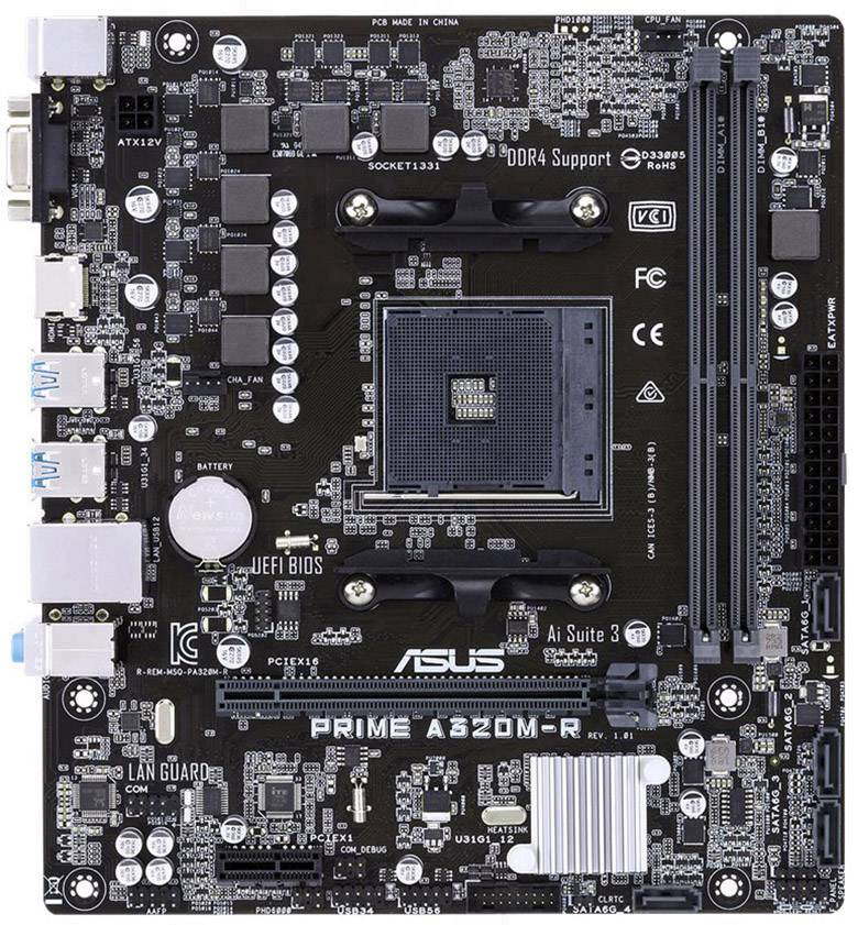Asus PRIME A320M-R (Bulk) Carte mère Socket (PC) AMD AM4 Facteur de forme (détails) Micro-ATX Chipset de la carte mère AMD® A320
